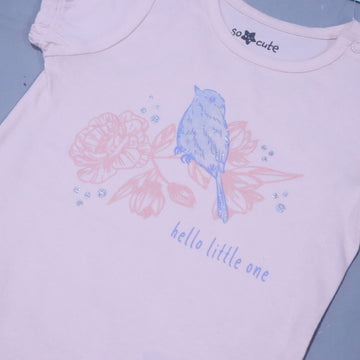PINK BIRD PRINT HALF BODY HALF SLEEVES ROMPER